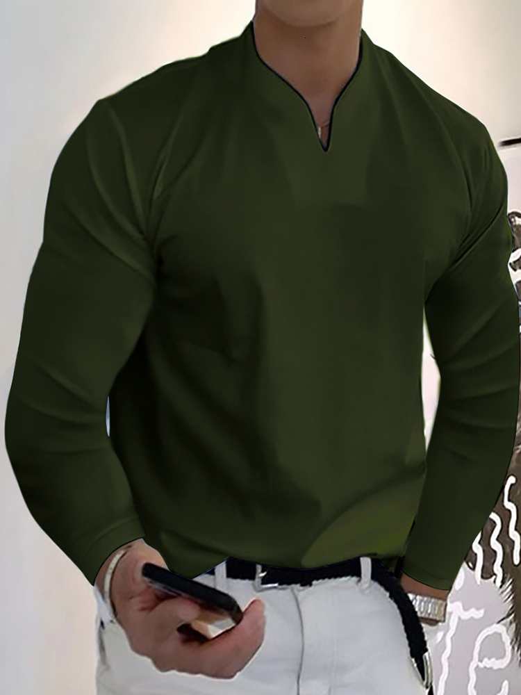 Men's T-Shirts Spring Autumn Long Sleeve Slim Fit T-shirt Men's Casual Day T-shirt Men's V-neck Solid Fashion Drawn T-shirt Top 230403
