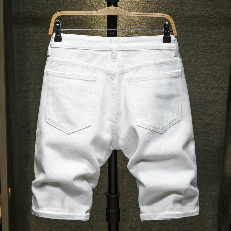 Men's Shorts Summer White Black Men's Tear Hole Denim Shorts Ultra Thin Casual Knee Length Short Straight Hole Jeans Bermuda Men's Jean