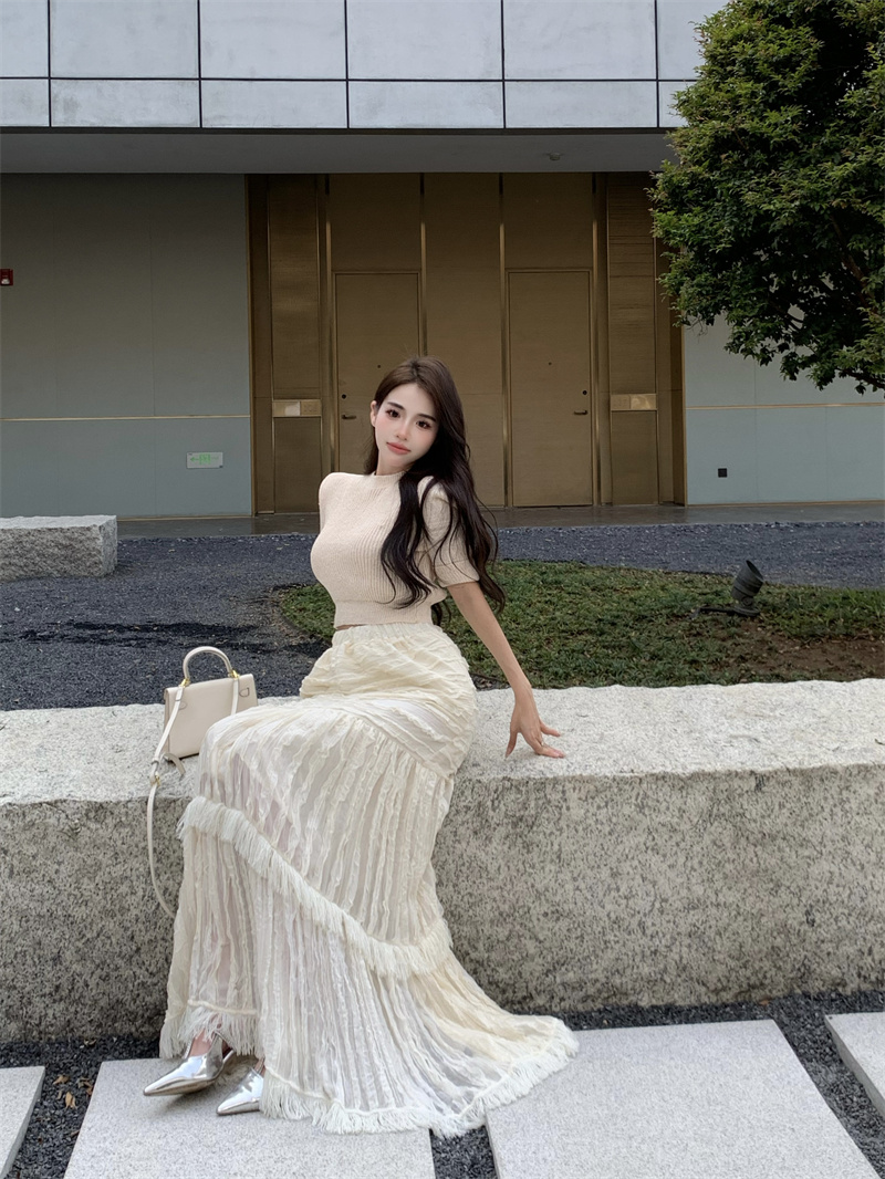 Womens o-neck half short sleeve knitted crop top and elastic waist cake layered lace ball gown skirt 2 piece dress suit SM