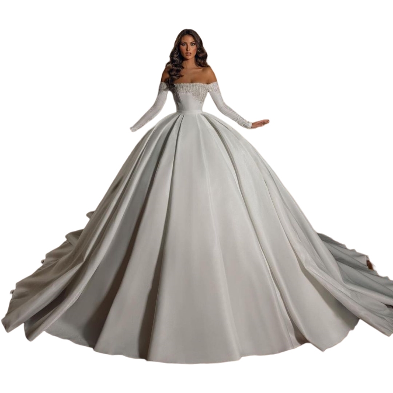 Strapless Ball Gown Dresses Sleeves Beads Crystal Bg Princess Queen Wedding Dress Long Train bridal gowns