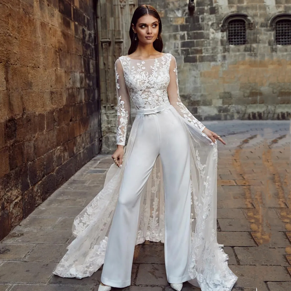 2023 Long Sleeves Bride Jumpsuits Wedding Dress With Detachable Train Lace Appliques Backless Sexy Beach Bridal Gowns 2023 Country Vestido De Novia