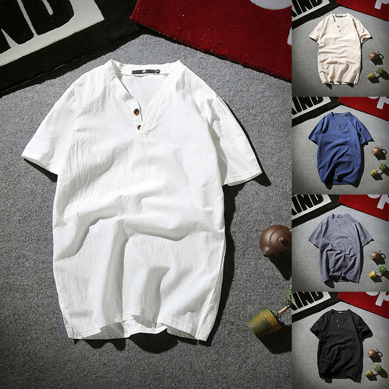 Men's T-Shirts Linen Men's Summer Short Sleeve T-shirt Plus Size Casual Loose Plain V-Neck Neckline Breathable Harajuku T-shirt 230403