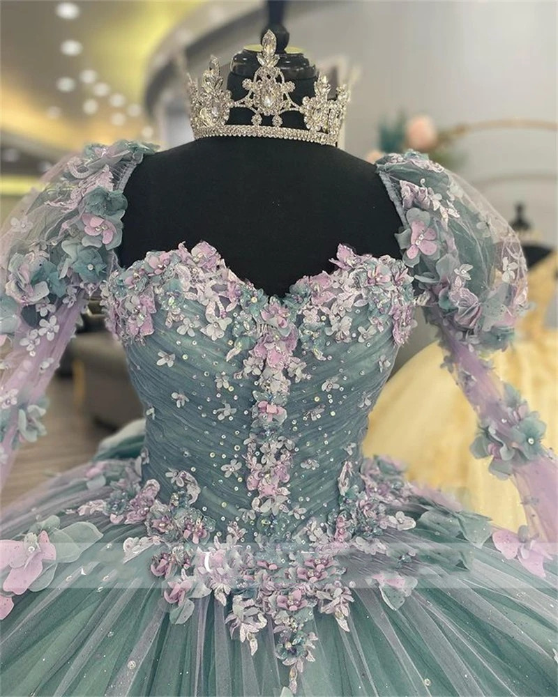 Princess Sweetheart Ball Gown Quinceanera Dresses Beaded Celebrity Party Gowns D Flowers Graduation Lantern Sleeve Vestido De S