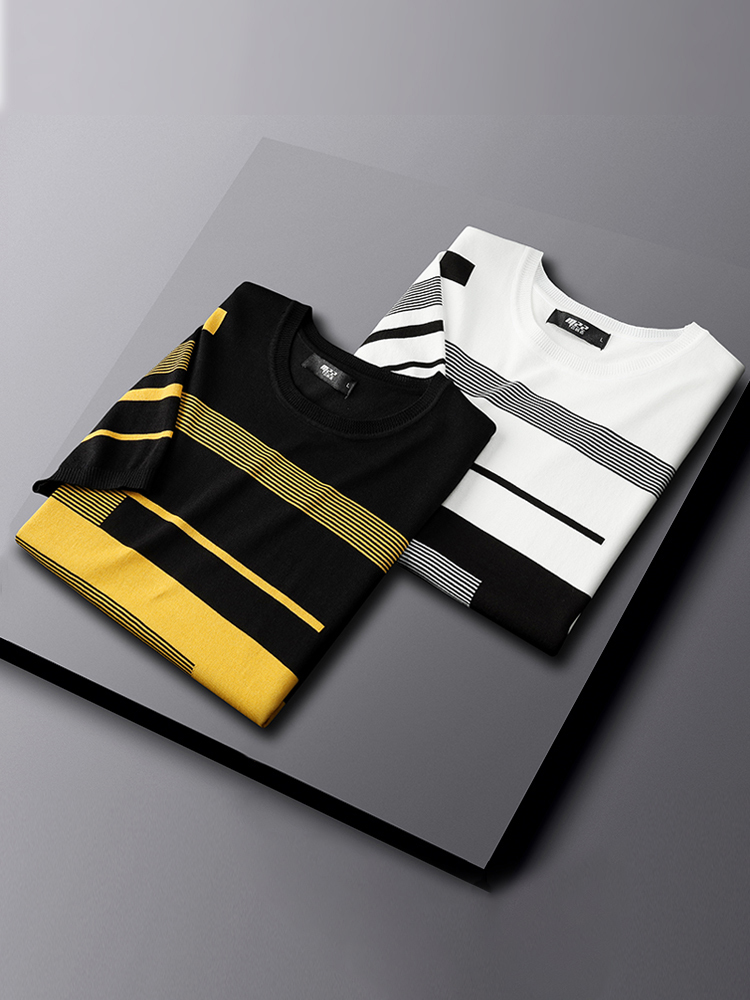 Men's T-Shirts Summer Men's Striped Top and Tee Ice Silk Quick Dry Ultra Thin T-Shirt Knitted Breathable Tee Fashion O-Neck T-Shirt S36 2304