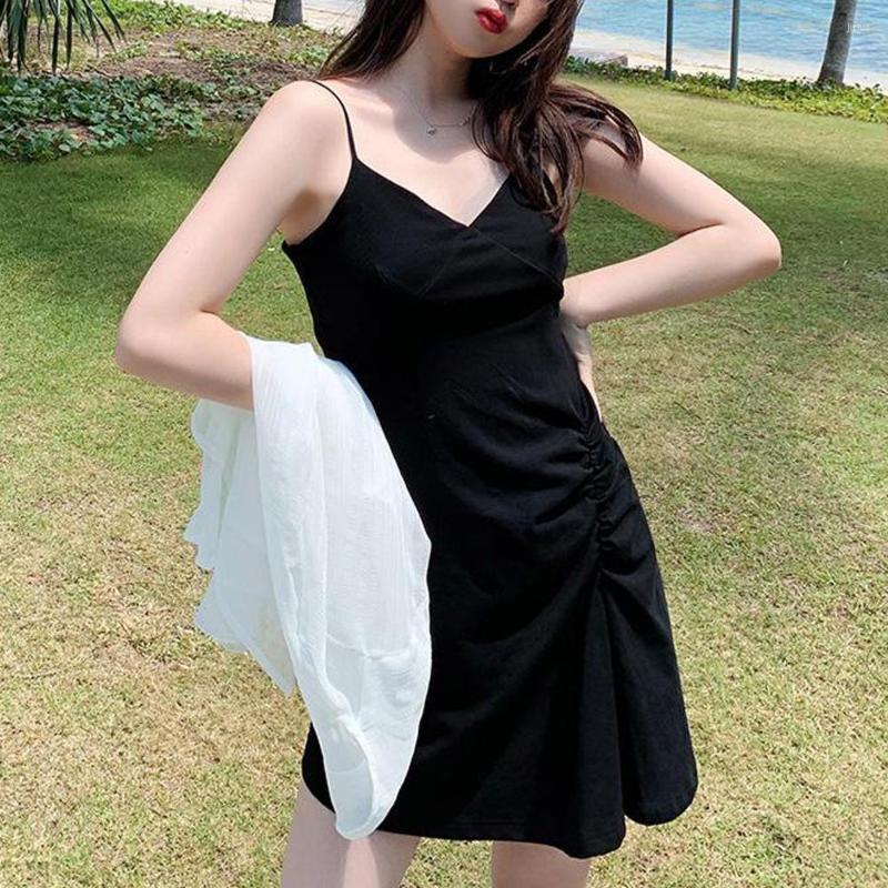 Casual Dresses Women Black French Retro Summer Suspender Dress Slim Waist Korea Sweet Mini Elegant Beach Party Club