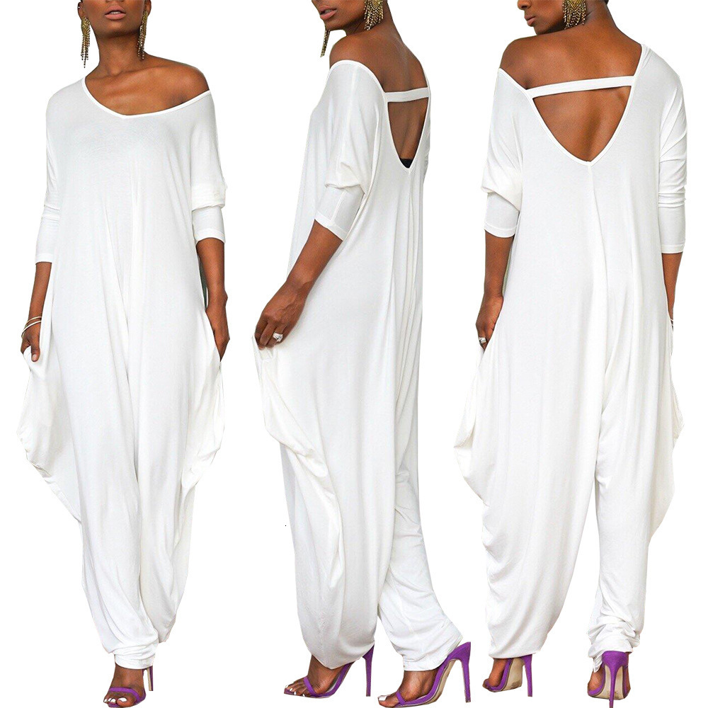 Women's Jumpsuits Rompers Women Plus Size Loose Jumpsuits Harem Pants O Neck Open Back Short Sleeve Pockets Playsuits Romper For Lady 230331