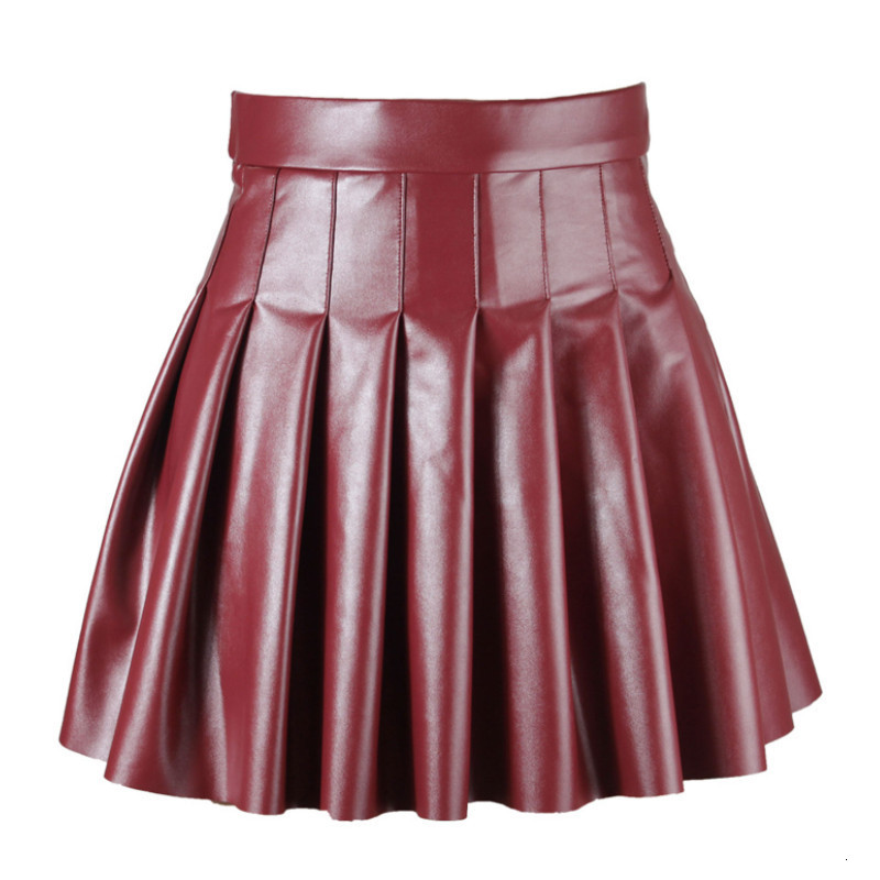 Skirts Women's solid color pleated ski high waist PU leather shorts suitable for clubs/parties black/wine red 230403