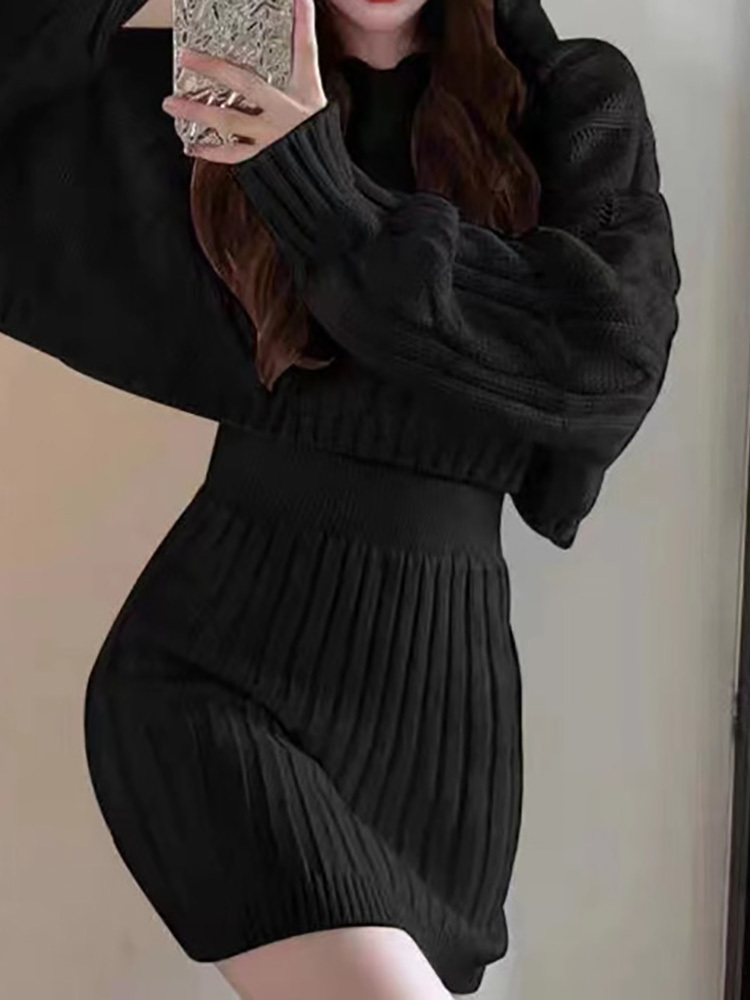 Two Piece Dress HELIAR Women Ribbed Skirts Sets Knitted Hooded Sweater And High Waist Bodycon Skirt Two Pieces Sets Women Autumn Winter 230403