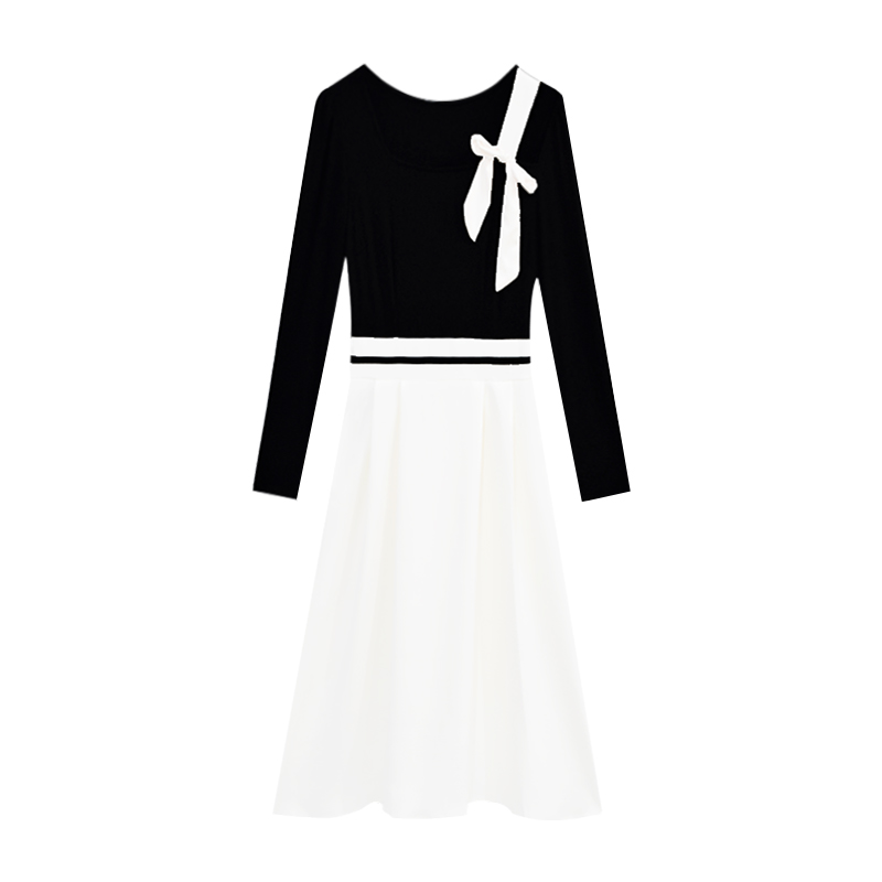 Womens square collar bow patched long sleeve color block high waist midi long a-line dress SML