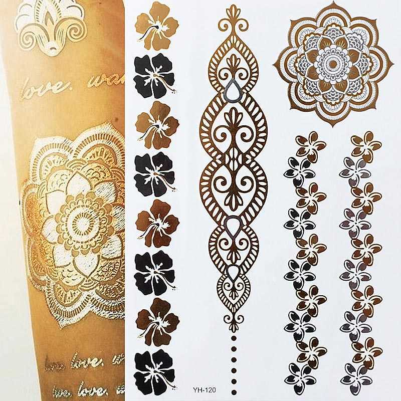 5 PC Temporary Tattoos Hot Flash Metallic Waterproof Temporary Tattoo Gold Silver Tatoo Women Henna Flower Taty Design Tattoo Sticker Z0403