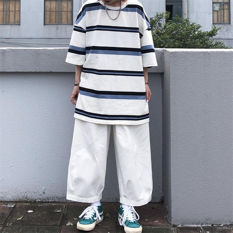 Men's T-Shirts Black Stripe T-shirt Boys Summer Punk T-shirt Boys Japanese Cool Clothing Casual Punk Clothing Loose Hip Hop Gothic Men's T-S