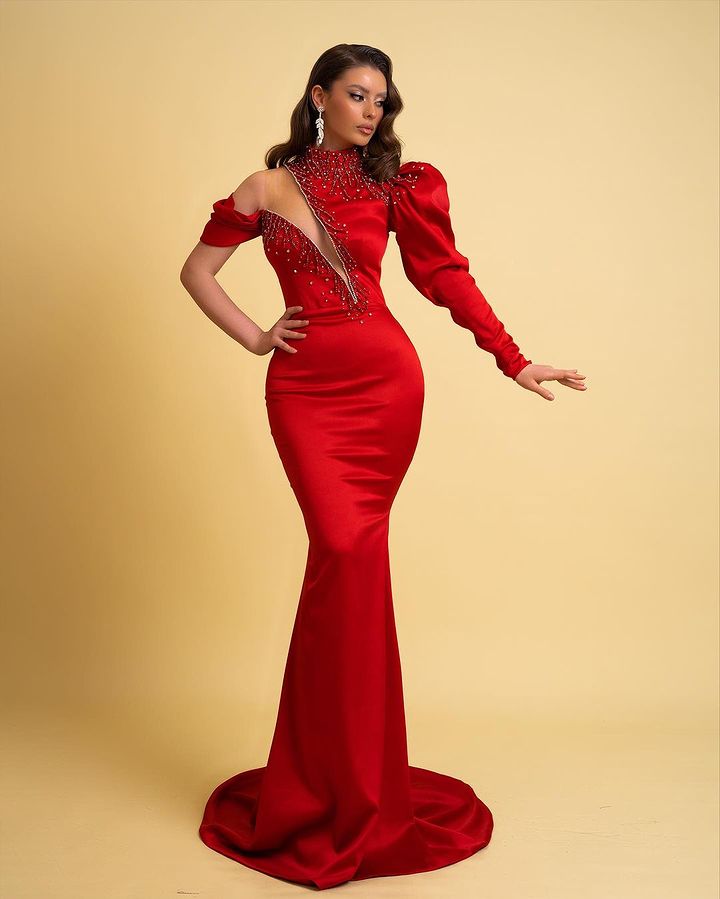Mermaid Elegant Red Evening Dresses For Women High Jewel Neck Beadings Formal Ocns Pageant Birthday Party Prom Celebrity Gowns Second Reception Dress 