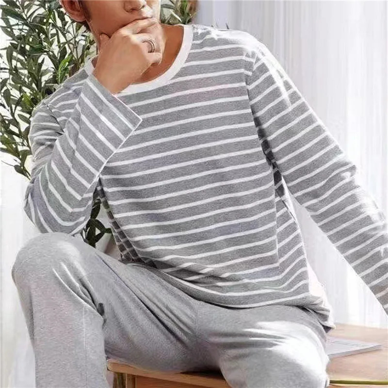 Men's Sleepwear 6 Colors Stripe Lattice Letter Print Men Top Pants Nightwear Set Soft Oneck Long Sleeve Sleeping Resting Home Party Pajama 231102