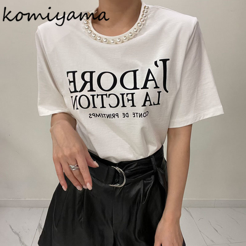 Women's T-Shirt Komiyama Patchwork Pearl Y2k Clothes Korean Chic Letter Print Tops Women Short Sleeve T Shirt Summer Shoulder Pad Tees 230403