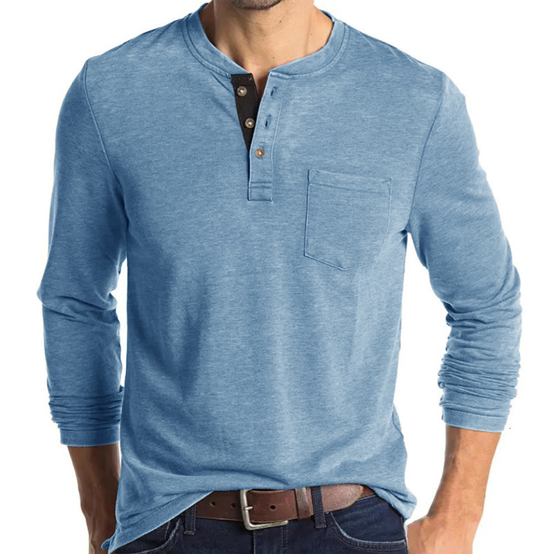 Men's T-Shirts SHIONFA Men's Henry Neck Long Sleeve T-Shirt Solid Casual Top Single Chest Pocket Soft and Comfortable Spring Bottom 230403