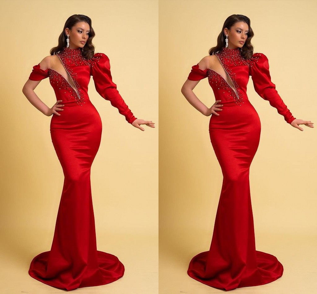 Mermaid Elegant Red Evening Dresses For Women High Jewel Neck Beadings Formal Ocns Pageant Birthday Party Prom Celebrity Gowns Second Reception Dress 