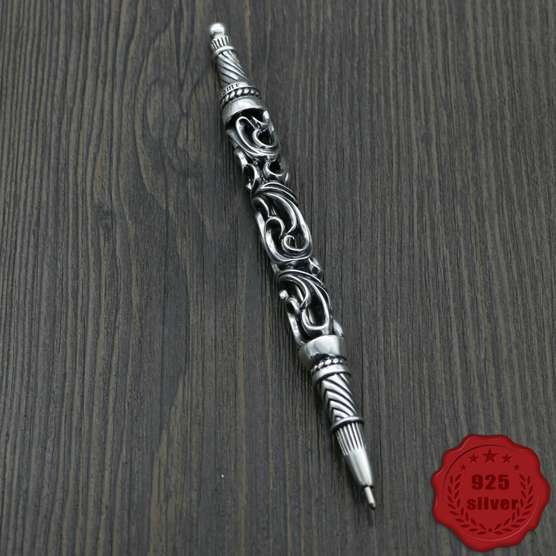 G14 S925 Sterling Silver Carved Signature Pen All Silver Ballpoint Pen Business Gift Personalized Fashion Punk Hip Hop Style Jewelry Cross Flower Lett
