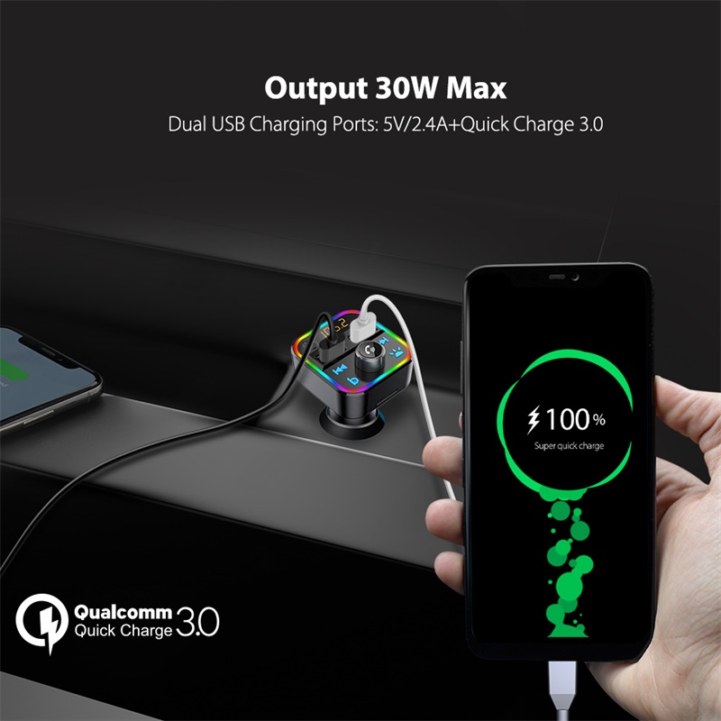 Car Bluetooth Phone Power Bank FM Transmitter Kit QC3.0 & 7 Color LED Backlight Radio Hands-Free Car Kit With SD Card Slot