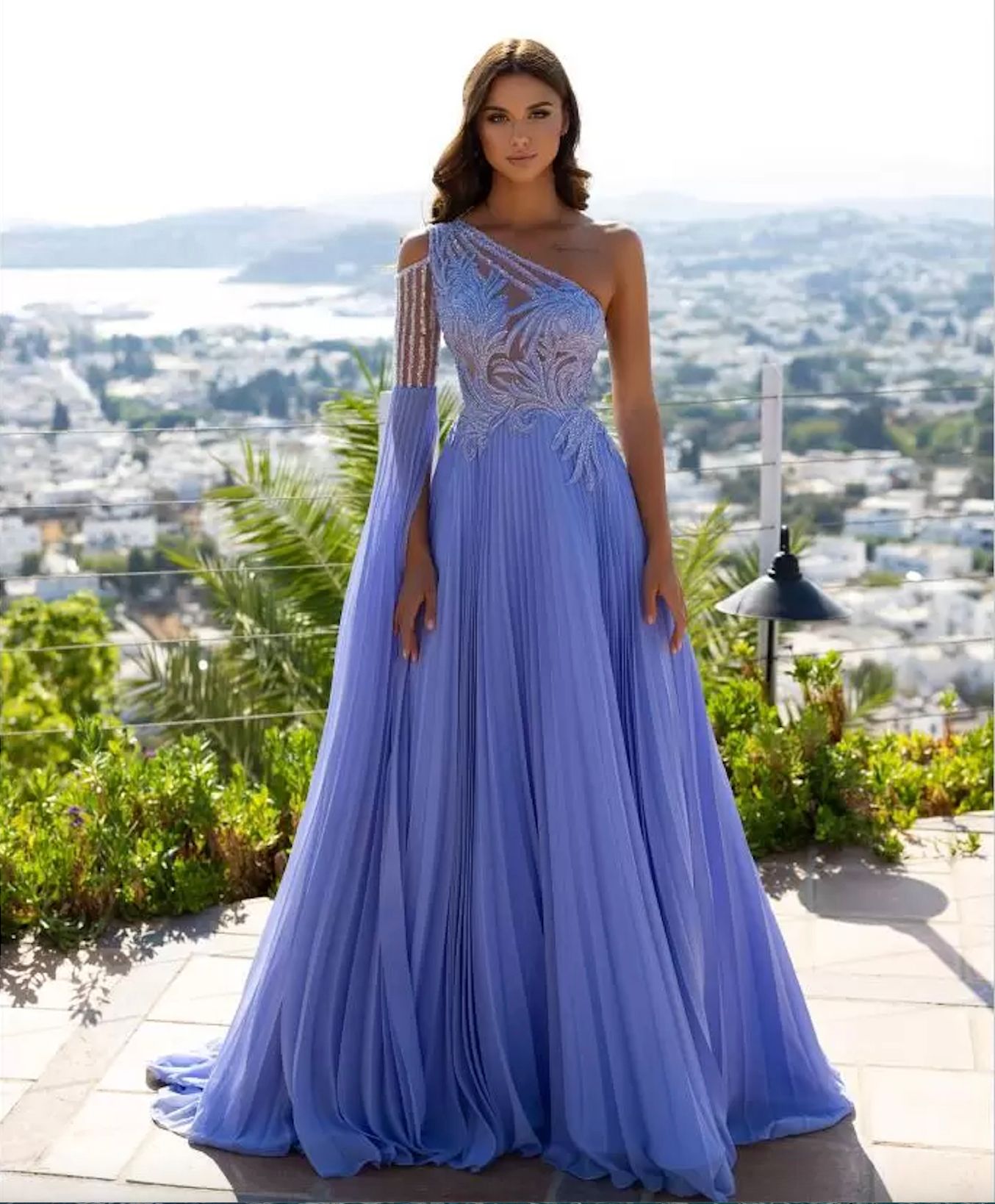 One-Shoulder Evening Dresses Formal Prom Party Gown A Line Long Sleeve Floor-Length Sweep Train Beaded Crystal Applique Lace Chiffon Gown