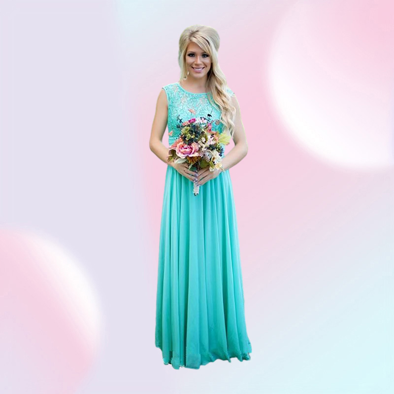 New Teal Country Bridesmaid Dresses Scoop A Line Chiffon Lace V Backless Long Cheap Bridesmaids Dresses for Wedding BA1513