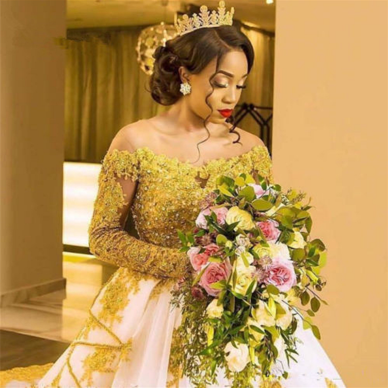African White And Gold Lace Wedding Dress Long Sleeves Beaded Appliques Skin Tulle Black Girls Bridal Gowns 2023 Chapel Train Ball Gown Vestido de Nov