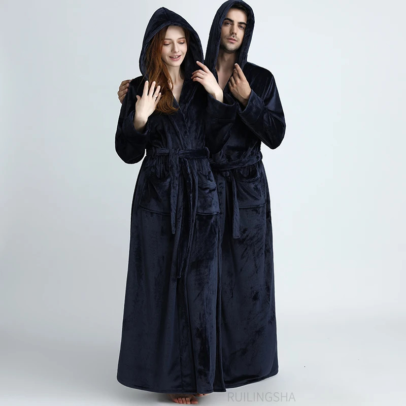 Men's Robes Men Winter Long Hooded Flannel Bathrobe Plus Size Thick Coral Fleece Bath Lovers Cozy Dressing Gown Sleepwear 231102Z