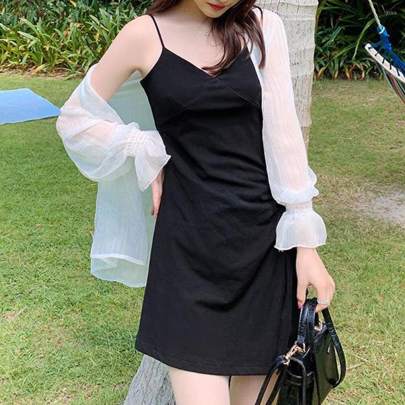 Casual Dresses Women Black French Retro Summer Suspender Dress Slim Waist Korea Sweet Mini Elegant Beach Party Club