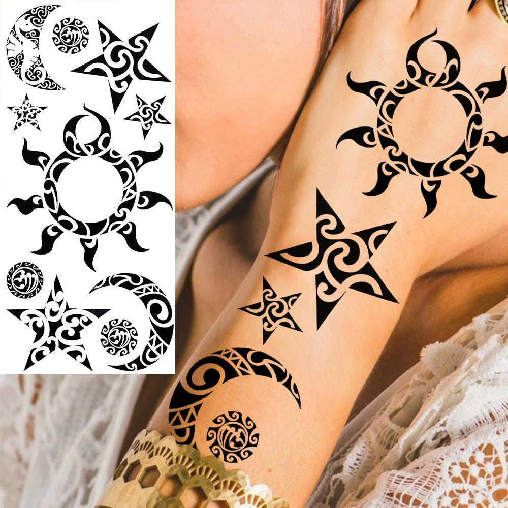 Temporary Tattoos Sexy Elf Temporary Tattoos For Women Men Realistic Indian Sun Star Moon Dragon Flower Tattoo Sticker Foot Arm Small Tatoos Paste Z04