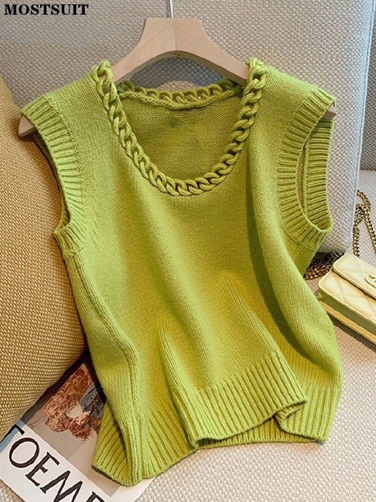 Women's Vests Korean Fashion Knitted Sweater Tank Top Women's Sleeveless Round Neck Women's Fashion Drawn Top Elegant Retro Women'