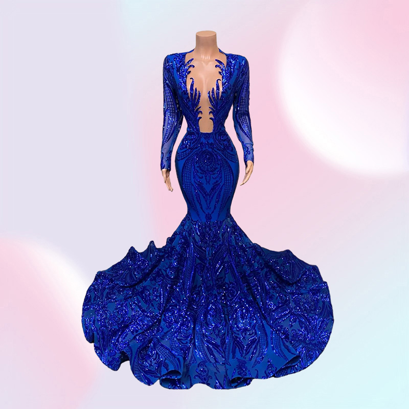 Royal Blue Mermaid Prom Dresses Sparkly Lace Sequins Long Sleeves Black Girls African Celebrity Evening Gown B0408