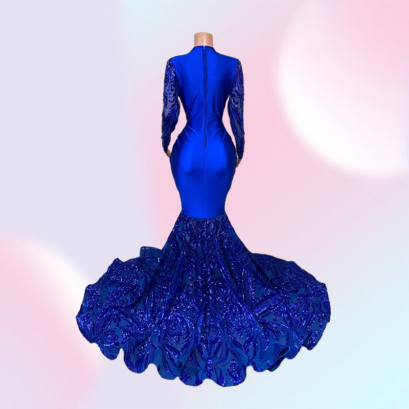 Royal Blue Mermaid Prom Dresses Sparkly Lace Sequins Long Sleeves Black Girls African Celebrity Evening Gown B0408