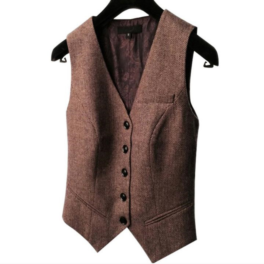 Women's Vests Spring Suit Vest Ladies Waistcoat Short Jacket Casual Ol Coat Women 3xl Single-breasted woolen herringbone pattern pocket t 230403