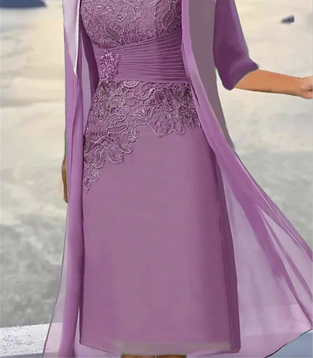 Dusty Blue Short Mother Of The Bride Dresses With Jacket 2023 A-line Chiffon Lace Appliques Beaded Groom Evening Party Gown For Wedding Plus Size 0509