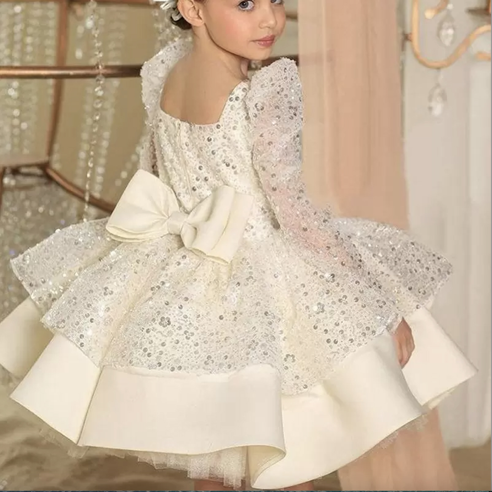 Glitter 2023 White Sequined Flower Girl Dresses Long Sleeves Birthday Wedding Guest Robe De Demoiselle Princess Communion 0509