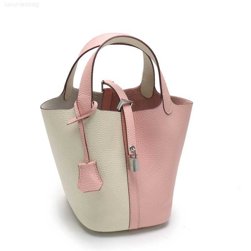 

Designer Luxury Bag Top Layer Lychee Grain Cow Leather Color Matching Vegetable Basket Women's Fashion Hand Bucket BagSLKDEY8V Picotin, Grey combination caramel small