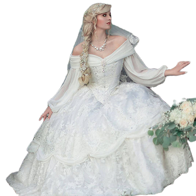 Vintage Medieval Wedding Dress Long Sleeves Lace Appliques Off The Shoulder Gothic Bridal Gowns Tiered Princess Garden Vestido De Novia