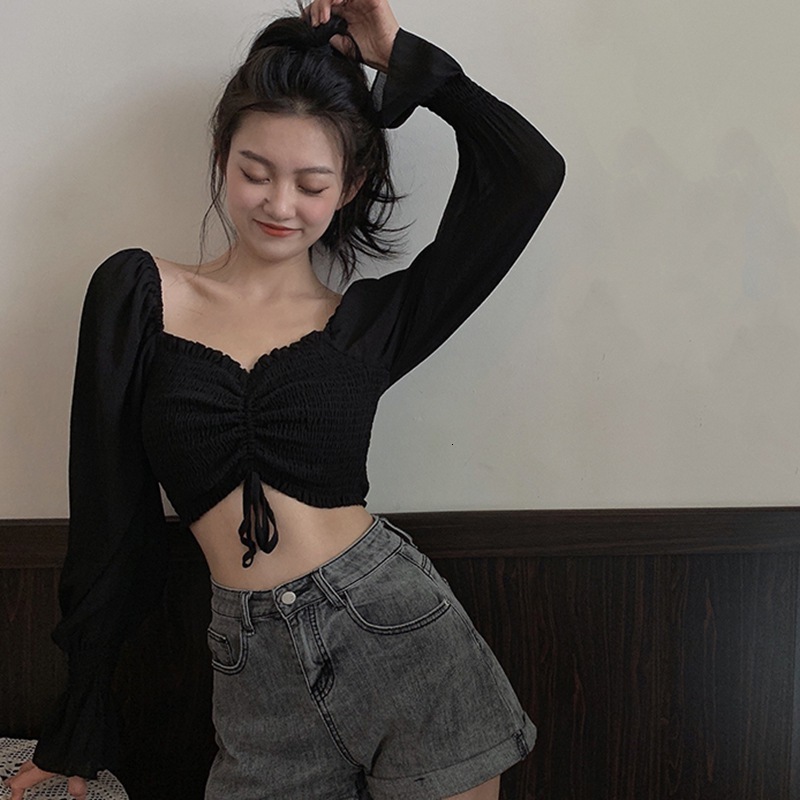 Womens Blouses Shirts Fashion Off Shoulder Shirt Sexy Sweet Pleated Soild Navel Exposed Chiffon Long Sleeves 230404