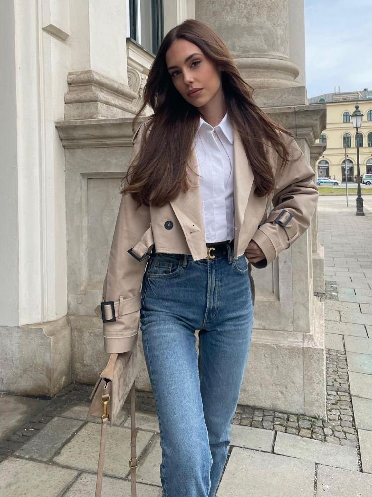 Women's Trench Coats RR3191 Oversized Cropped Short Khaki Jackets Ladies Long Sleeve Loose Women 230403