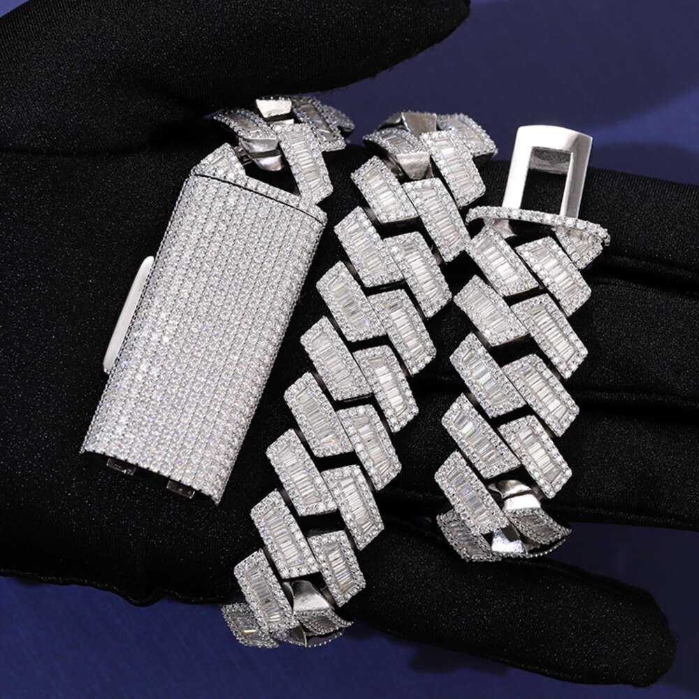 Baguette dia 20mm gold plated Sier necklace vvs moissanite baguette cuban k chain