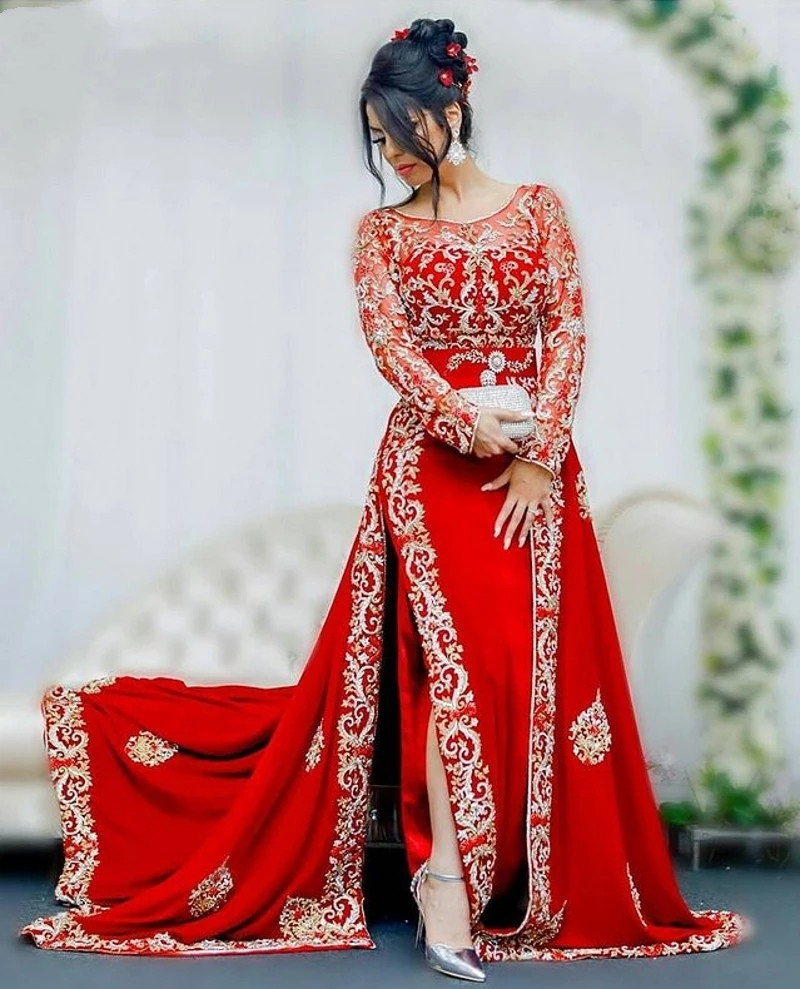 Karakou Algeria Kaftan Red Evening Dresses Gold Lace Appliques Long Sleeves Elegant Arabic Dubai Prom Party Gown Vestido De Novia Celebrity Wear For W