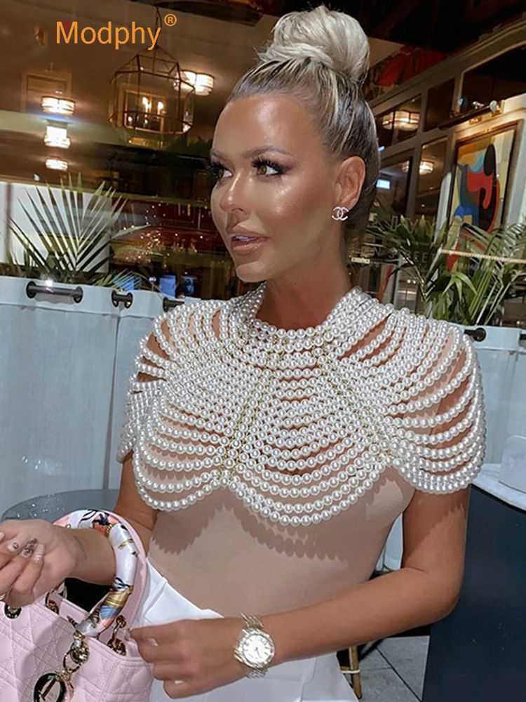 Fashion Pearl Shawl Tops Women O-neck Handmade Beading Shawl Top Ladies Party Female Elegant Shawl Tops