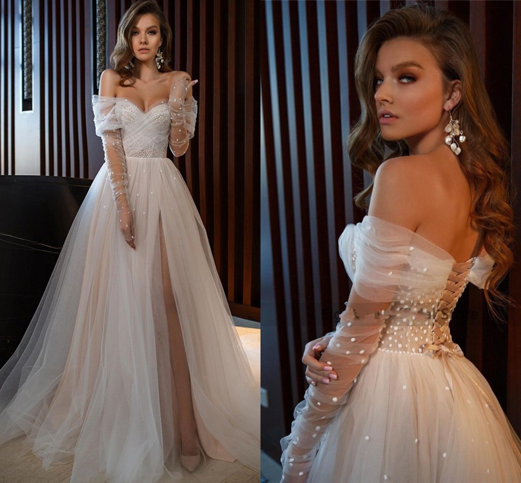 Champagne Wedding Dress Sexy Split Side Dots Tulle Long Sleeve Bride Party Gowns Boho 2023 Off Shoulder Vestido de Noiva
