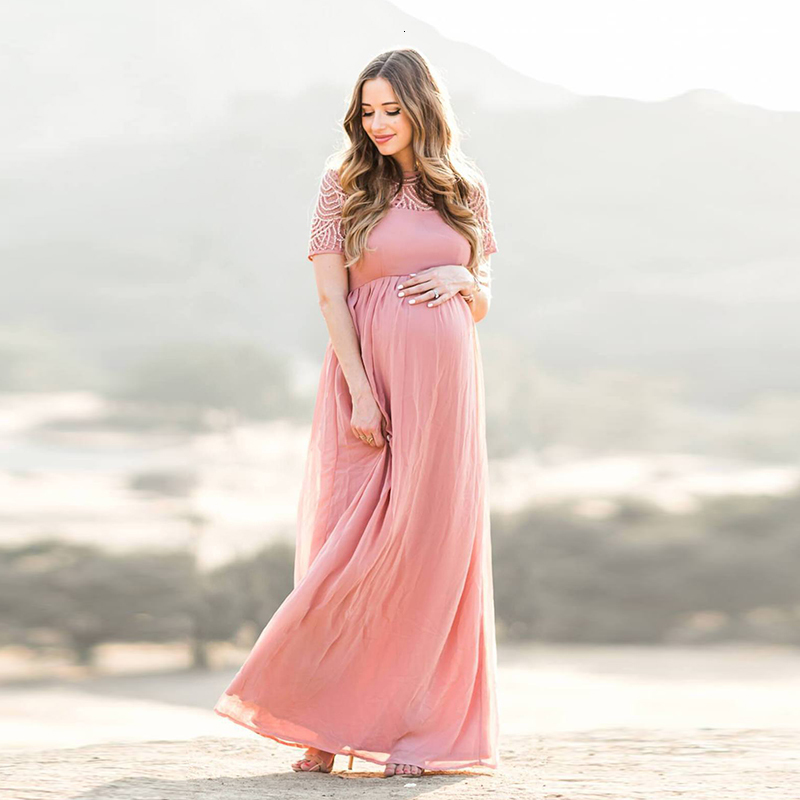 Maternity Dresses Summer Pregnant Women Baby Shower Dress Pregnant Women Po Shooting Lace Voile Chiffon Half 230404