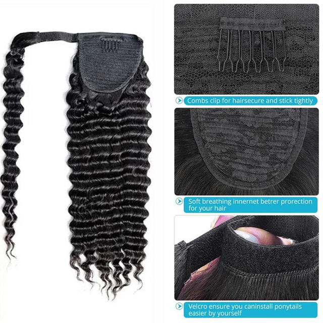Brazilian Deep wave Human ponytail Wrap Around Pony Tail Clip In Hair Extensions Drawstring Ponytails Hairpiece For Black Women 120g jet black color 1