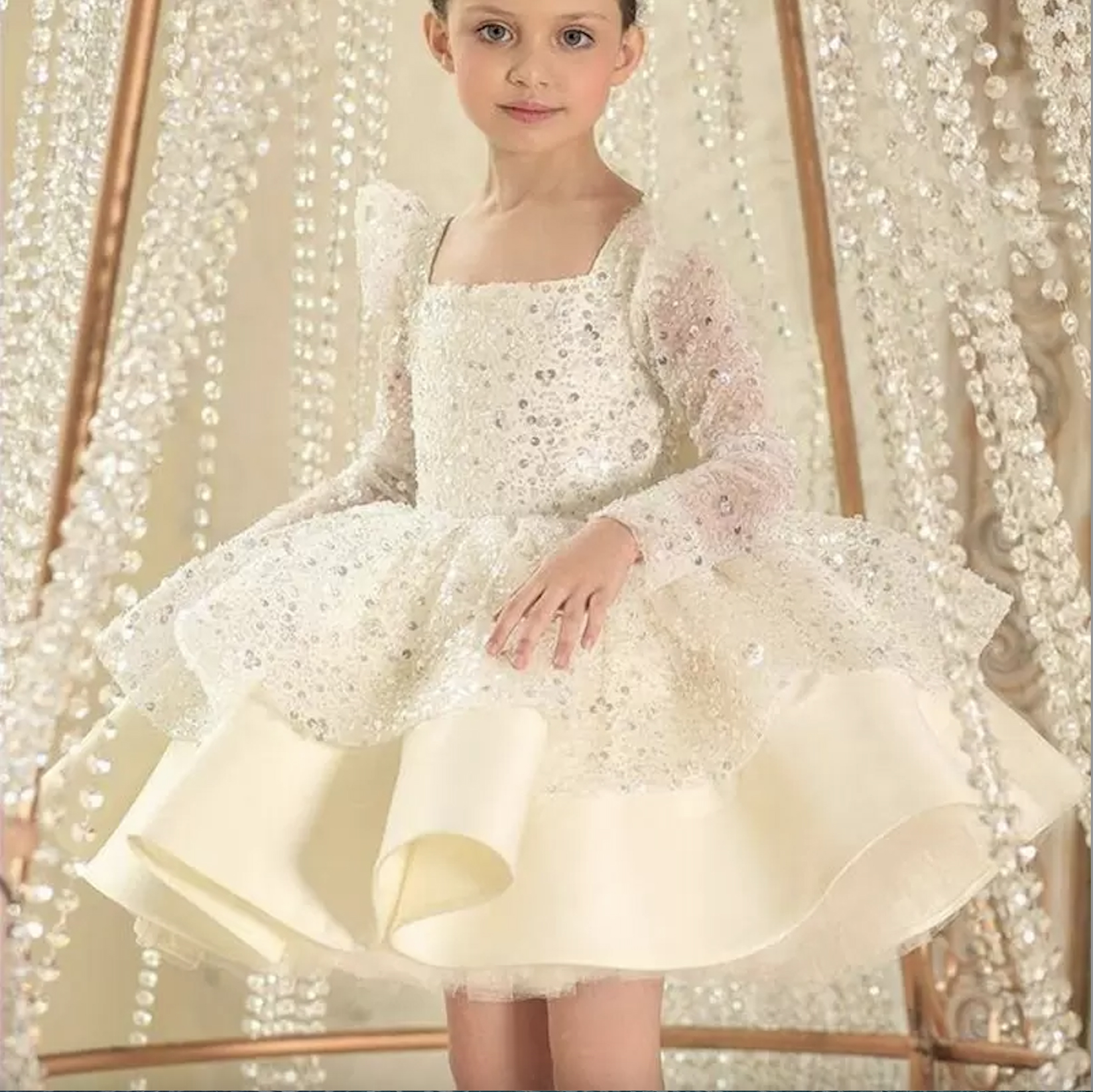 Glitter 2023 White Sequined Flower Girl Dresses Long Sleeves Birthday Wedding Guest Robe De Demoiselle Princess Communion 0509