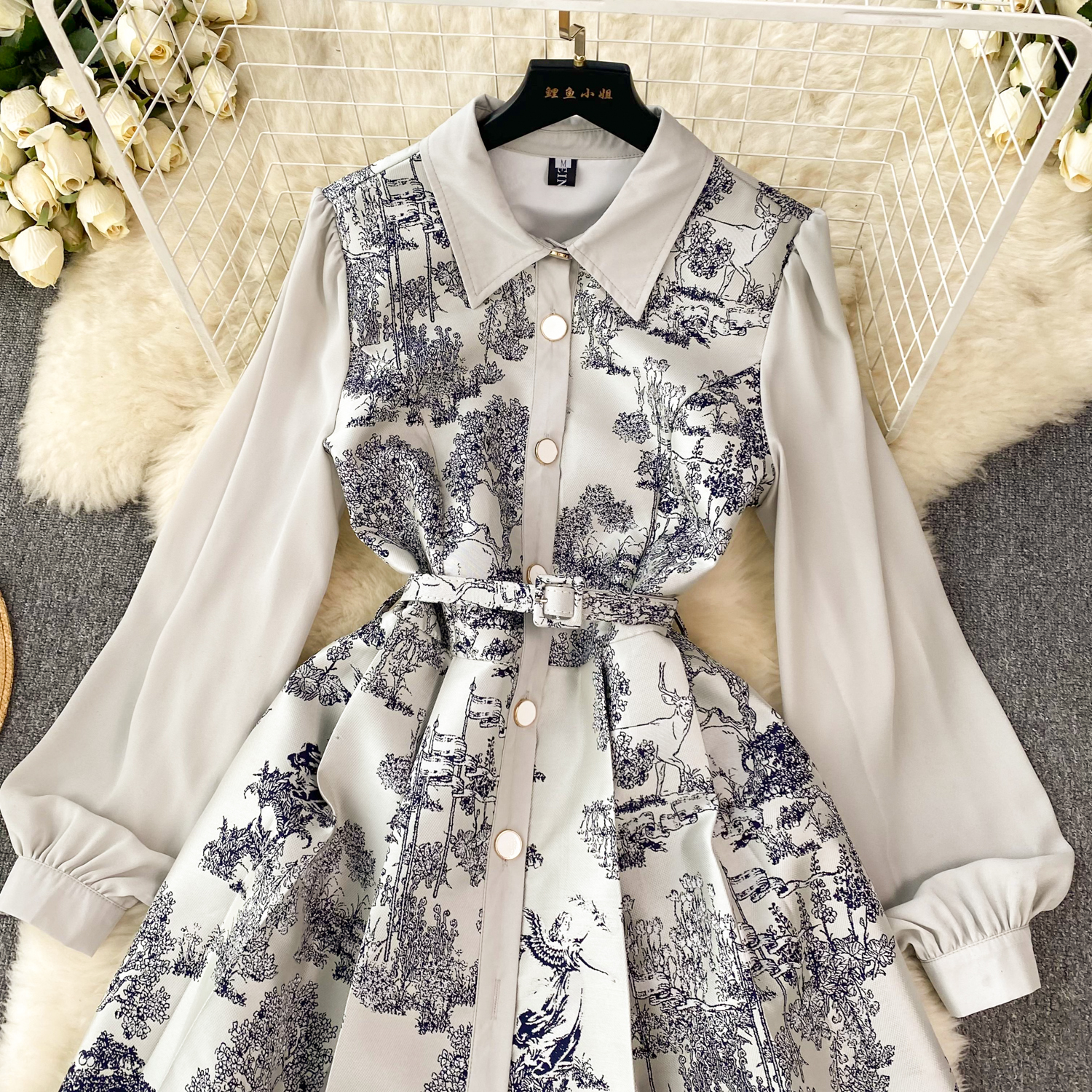 Basic Casual Women Dresses Runway Designer Jungle Jacquard Mini Dress Women's Turn Down Neck Mesh Sleeve Single Breasted Belt Vintage Party Vesti