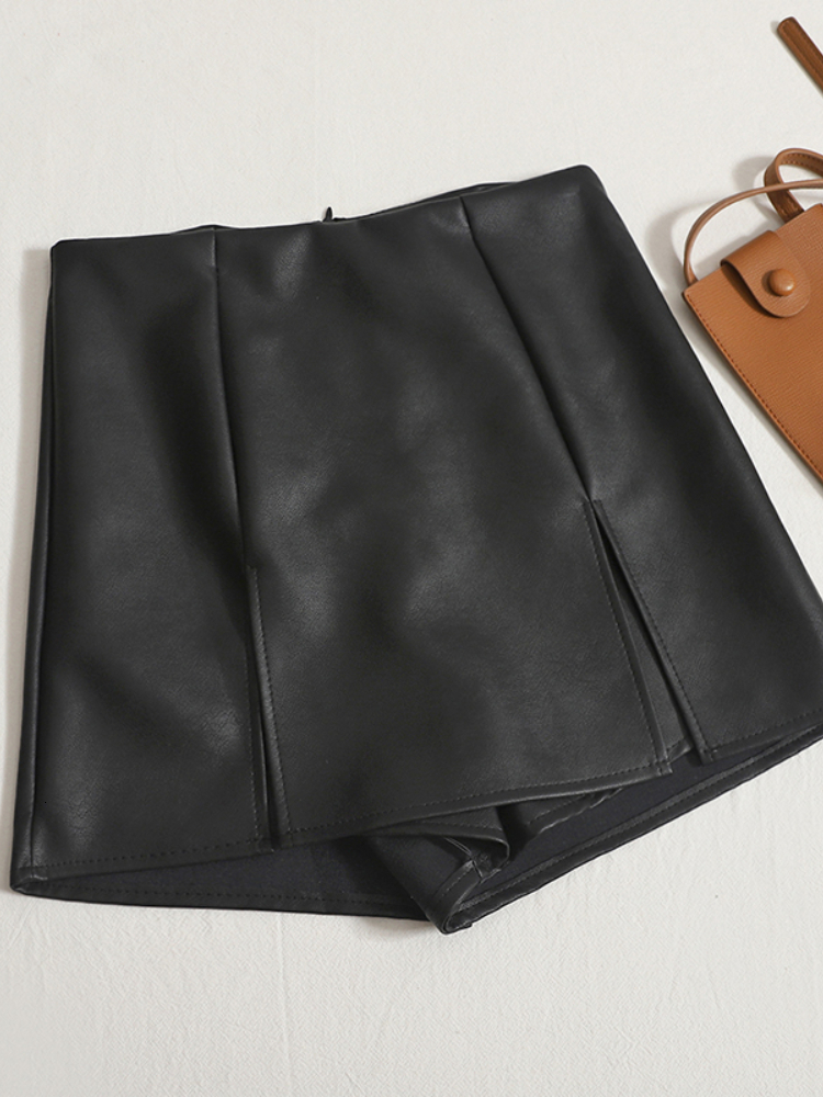 Womens Shorts Harajpoo Woman Temperament PU Leather Skirt Autumn Winter Fashion Solid Outer Wear Thin Casual Wideleg Skirts 230404