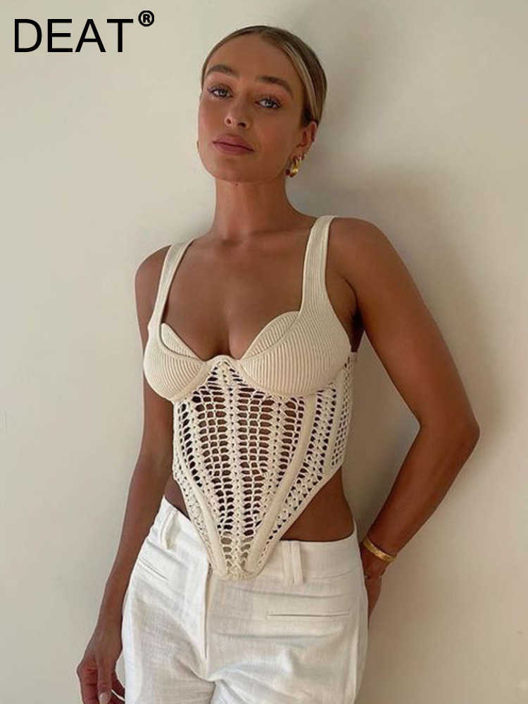 New DEAT Fashion Women's Tank Tops New Solid Color Sleeveless Knitting Hollow Out Backless Topd Female Summer 2024 17A1669