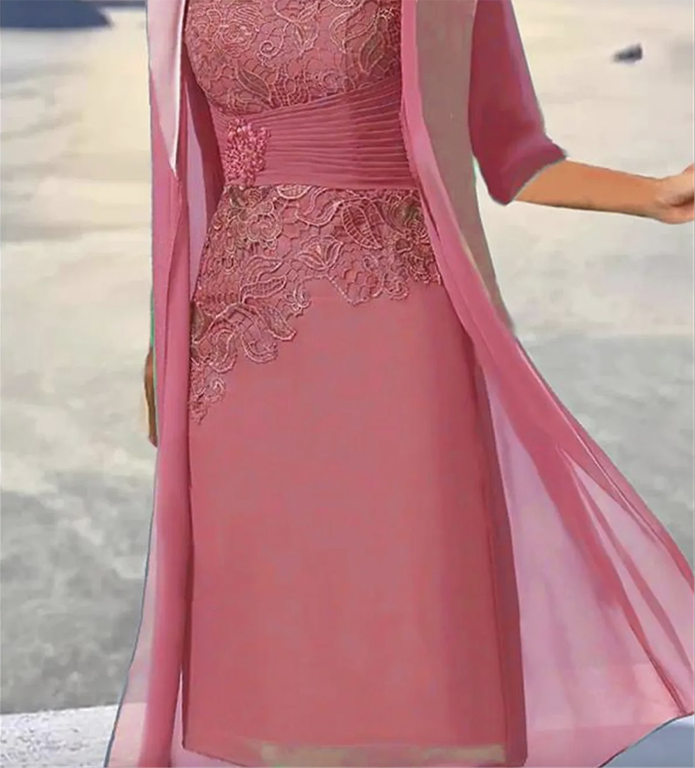 Dusty Blue Short Mother Of The Bride Dresses With Jacket 2023 A-line Chiffon Lace Appliques Beaded Groom Evening Party Gown For Wedding Plus Size 0509