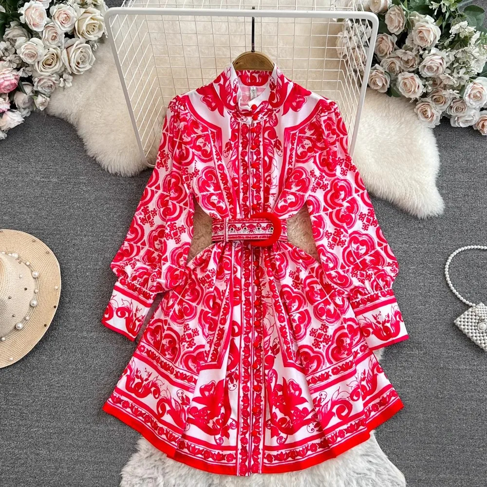 Basic Casual Women Dresses Autumn Vintage Christmas Dress Runway Stand Collar Long Lantern Sleeve Blue And White Porcelain Print Short Party Vestidos 2024